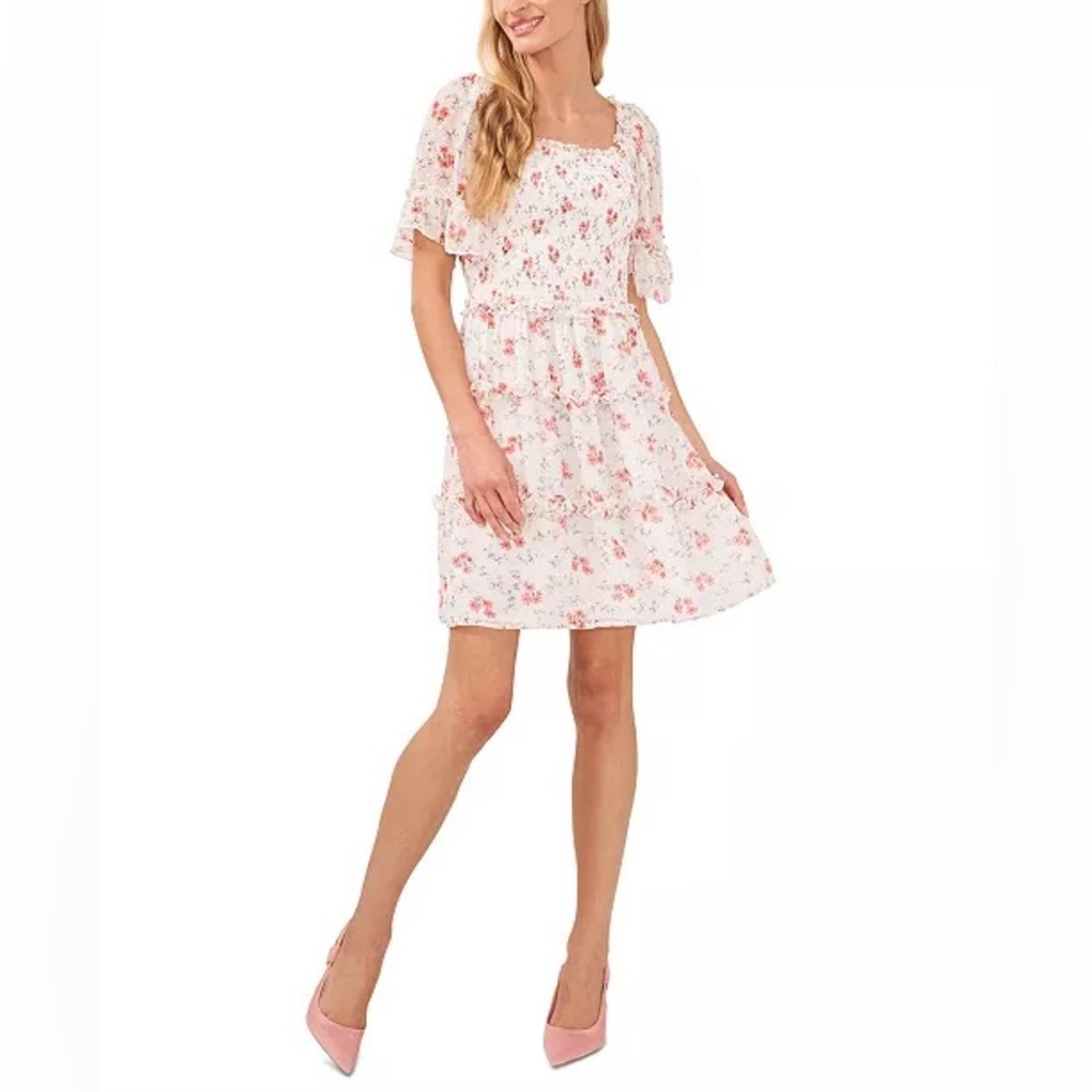 Cece Mocked Bodice Elbow Sleeve Floral Dress
